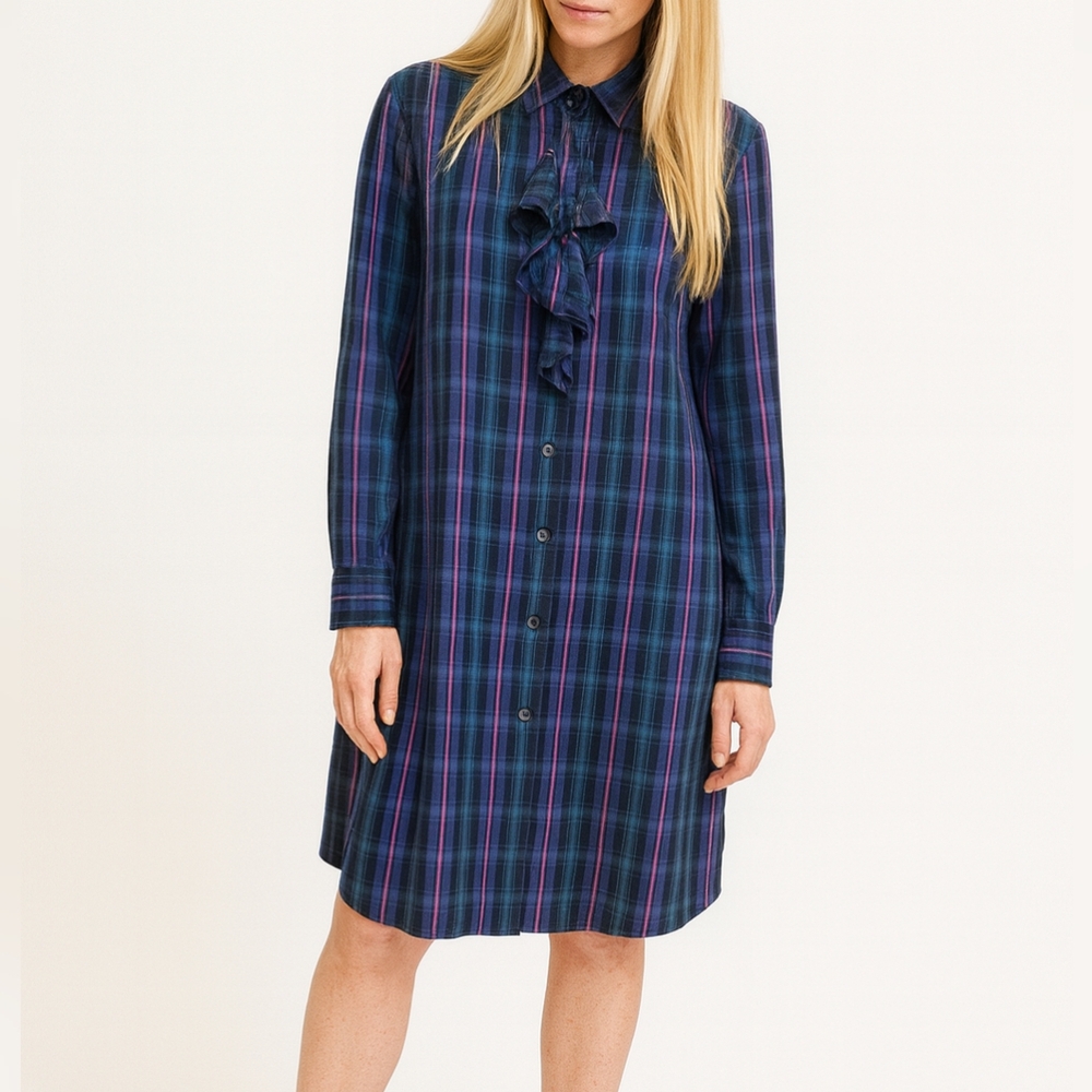 Banana Republic Plaid Ruffle Shirt Dress | Medium | Button Down Long Sleeve Blue